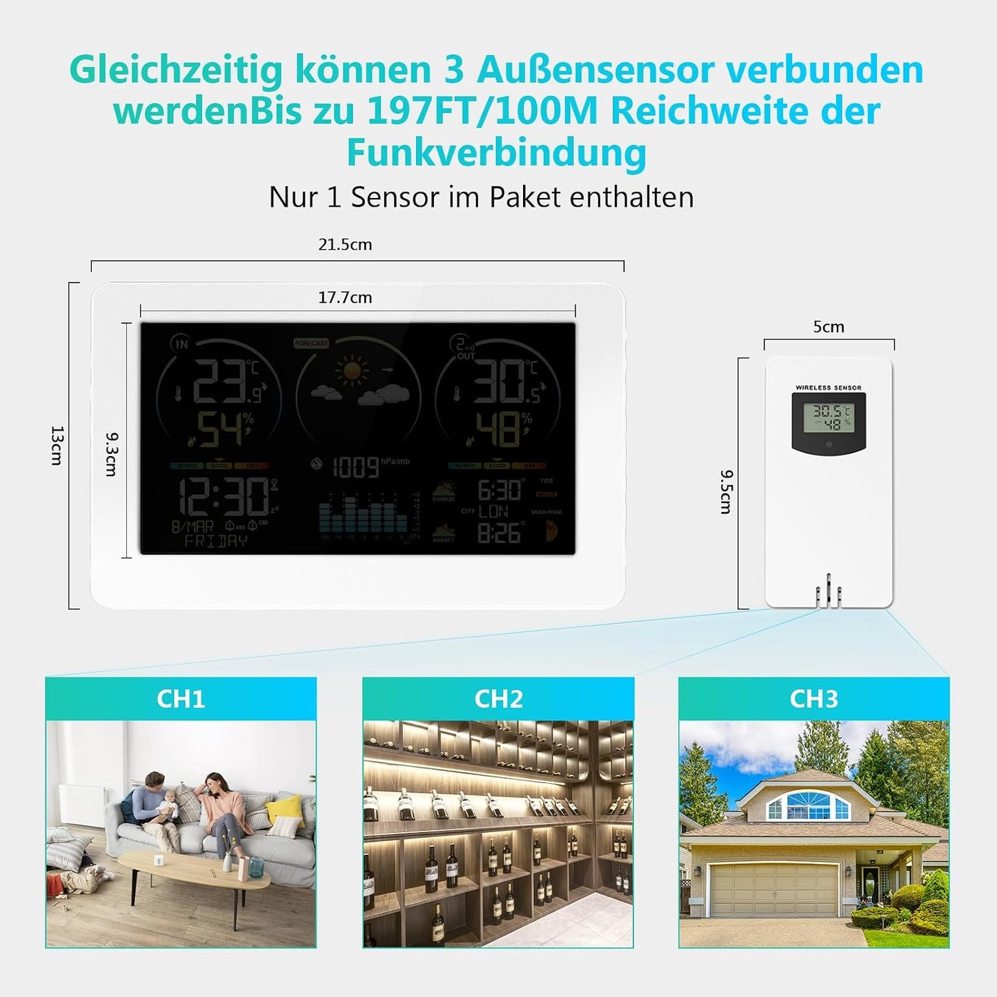 Funk-Wetterstation mit Aussensensor und Farbdisplay, Elfenbein