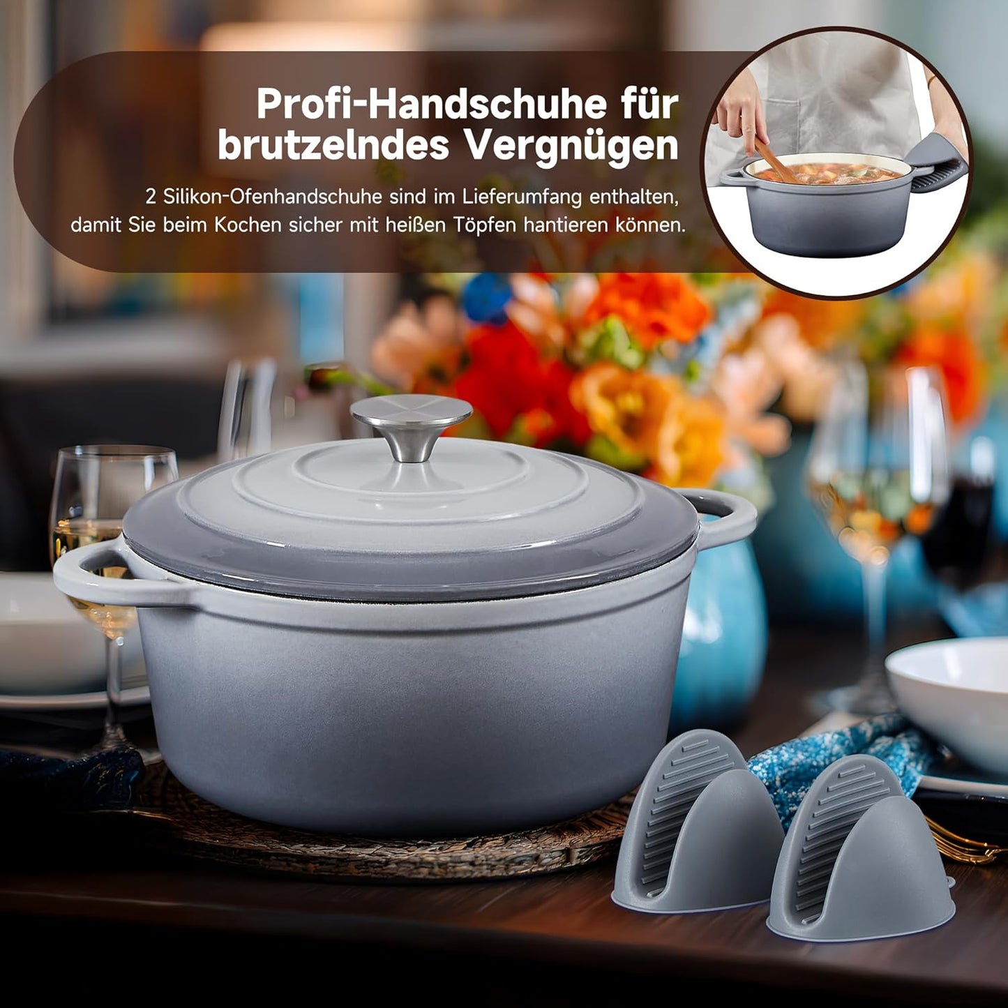 Schmortopf mit Deckel & Topflappen, 22cm/3L Grau