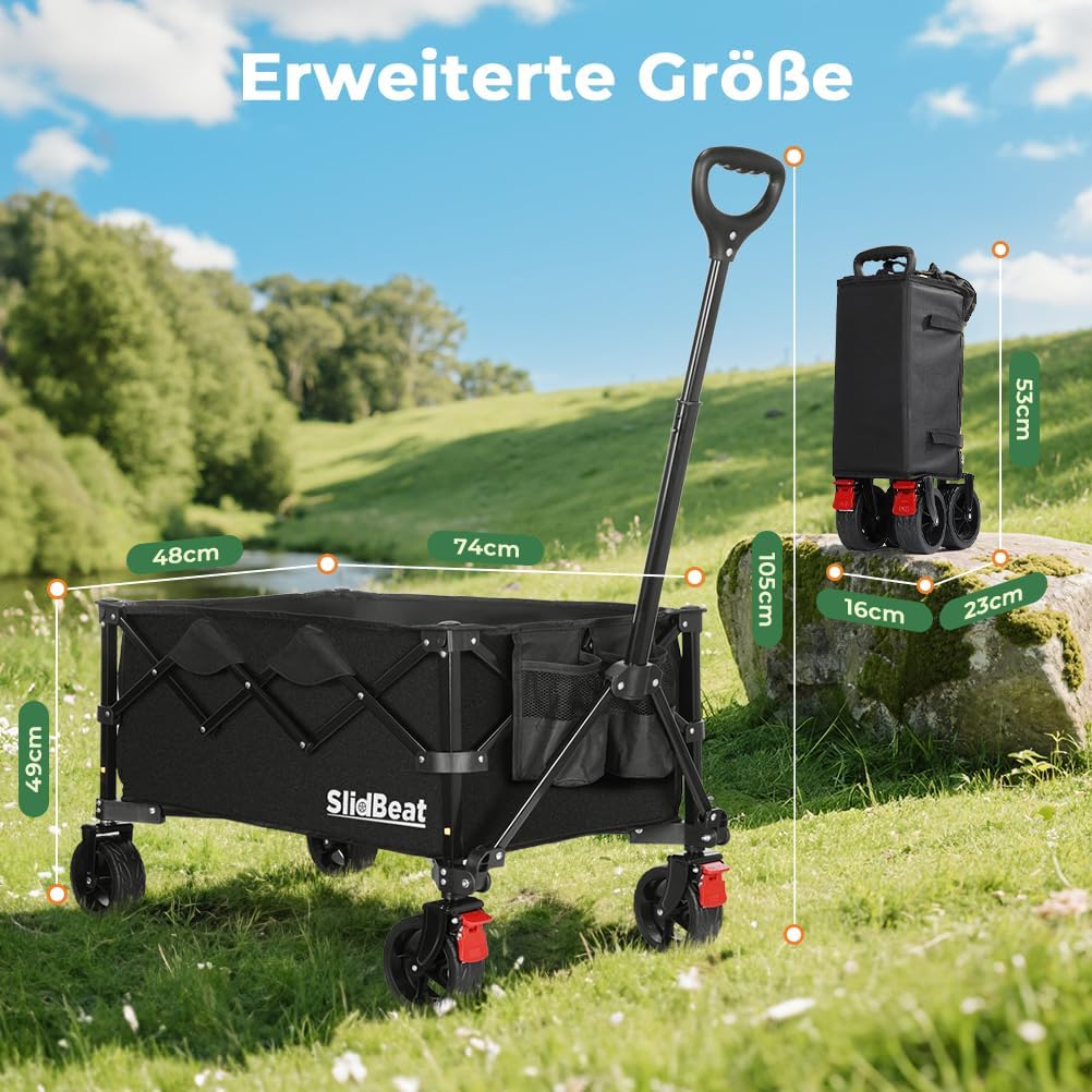 Faltbarer Bollerwagen mit Bremsen und All Terrain Rädern, Schwarz XL