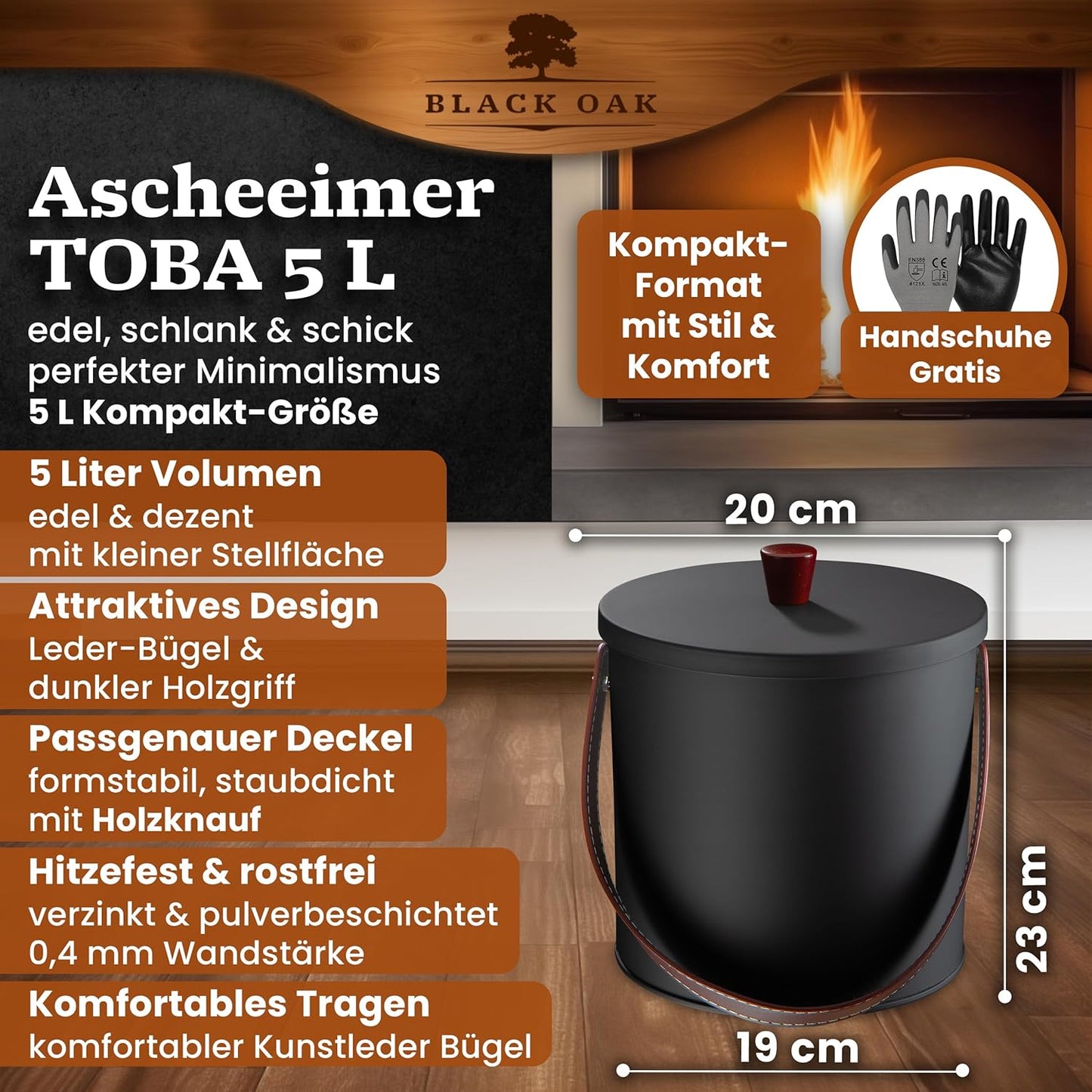Ascheeimer Toba mit Handschuhen, Toba 5L Eimer
