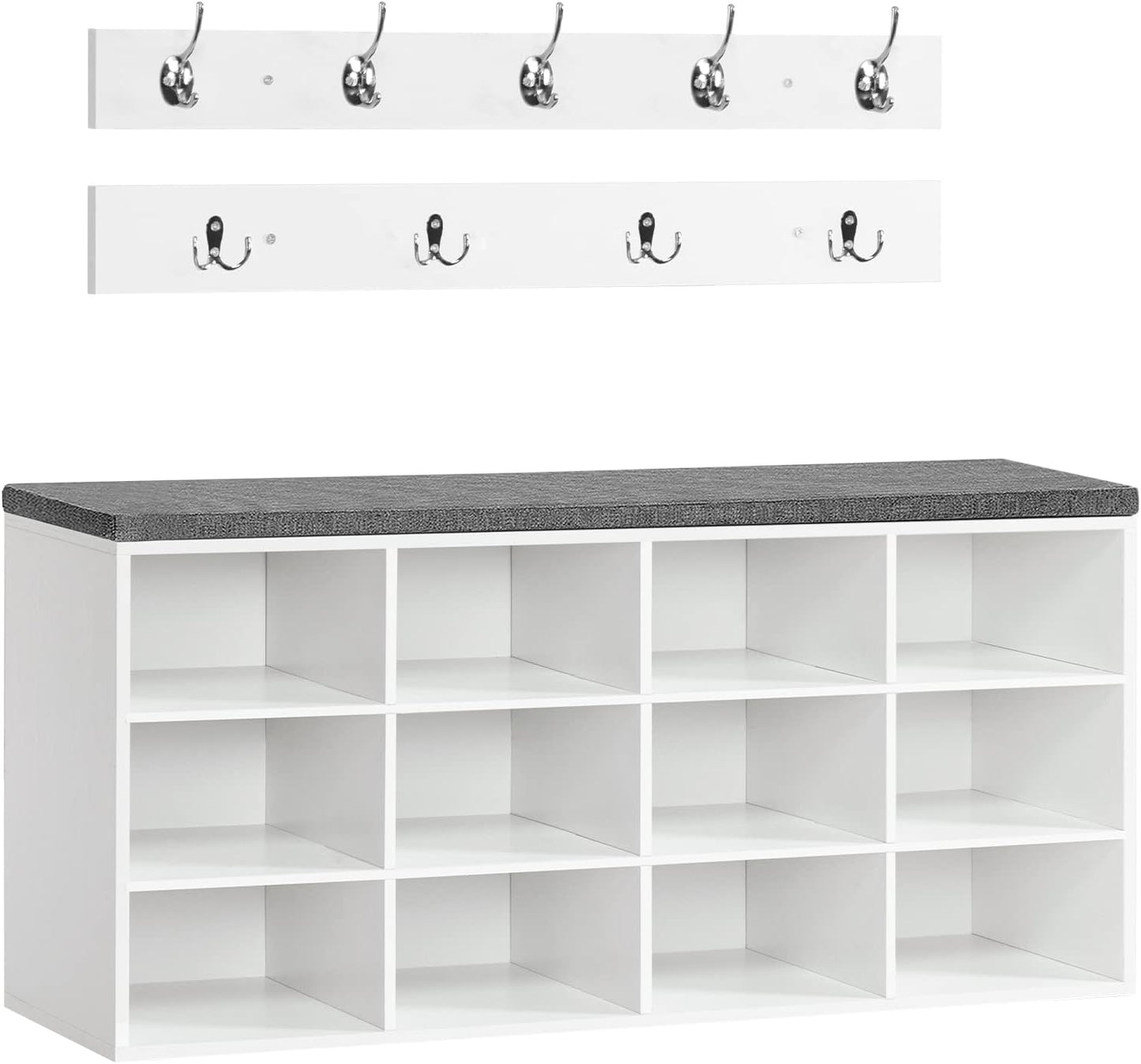 Garderobe-Schuhregal-Set mit Schuhbank und Hakenleiste, Weiss + Grau 100 x 30 x 48 cm (L x W x H)