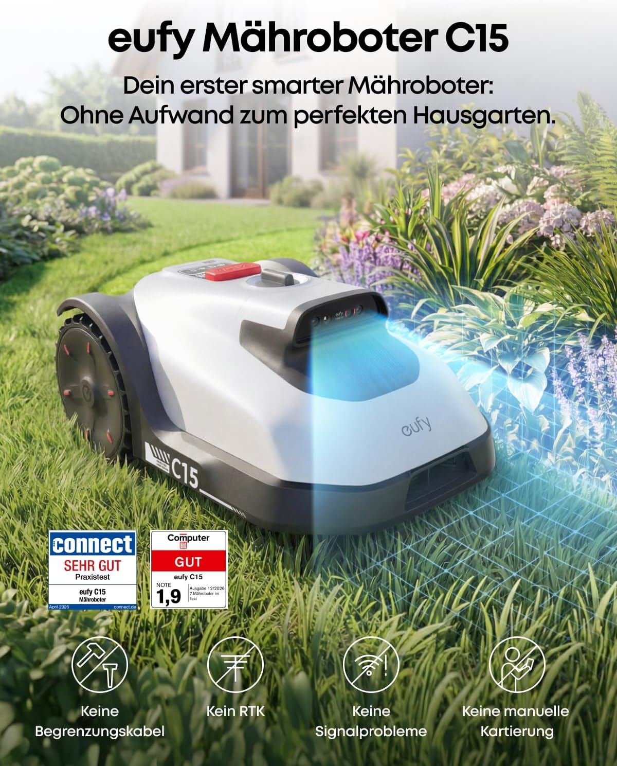 Mähroboter C15 ohne Begrenzungskabel mit Garage