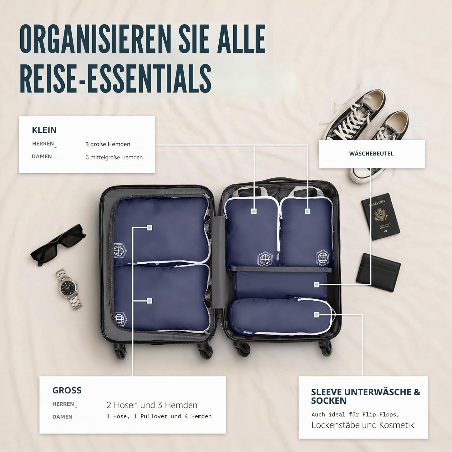 6-teiliges Kompressions-Packwürfel Set, Blau 6Piece