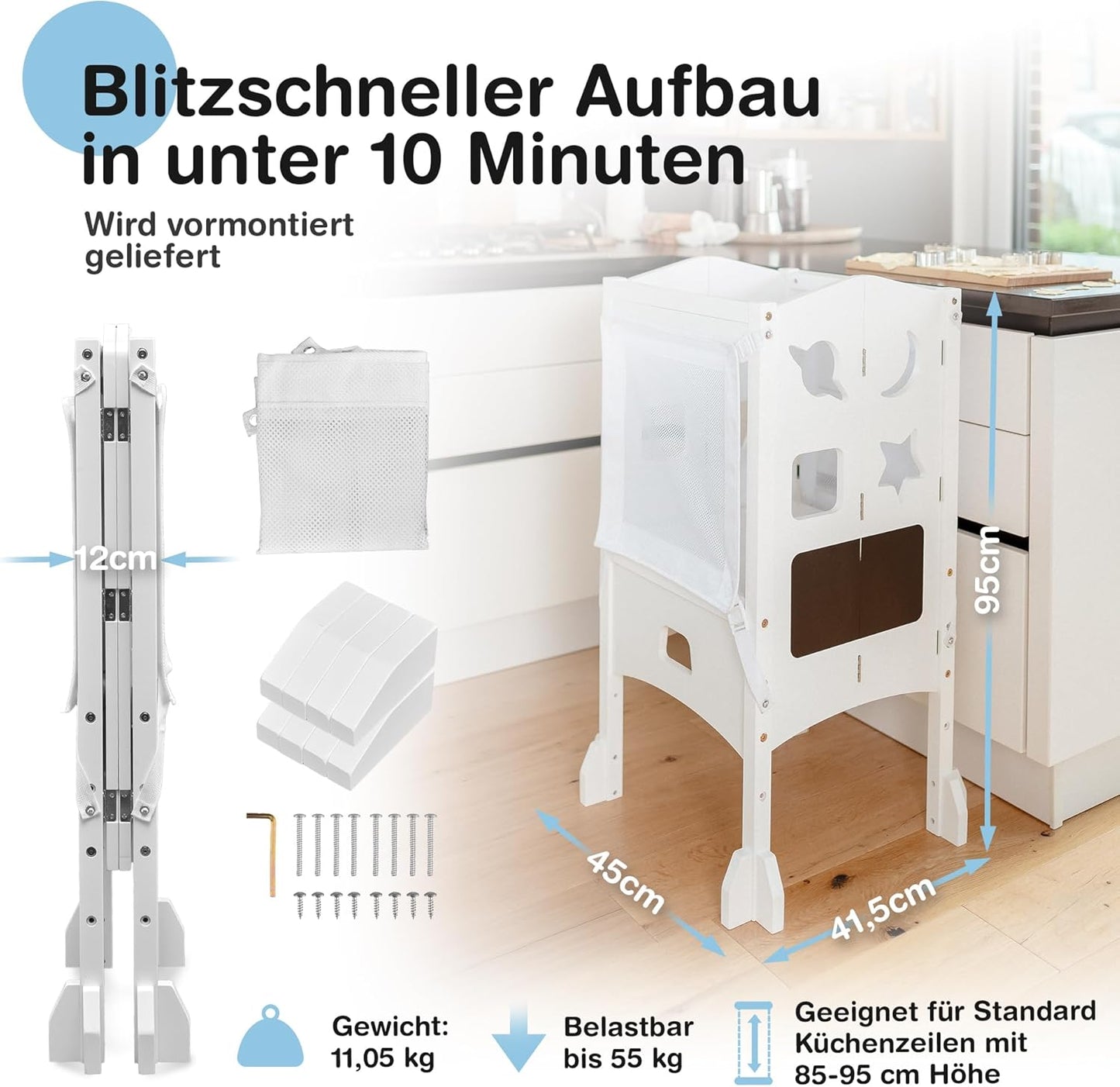 Lernturm klappbar mit Sicherheitsnetz, Weiß