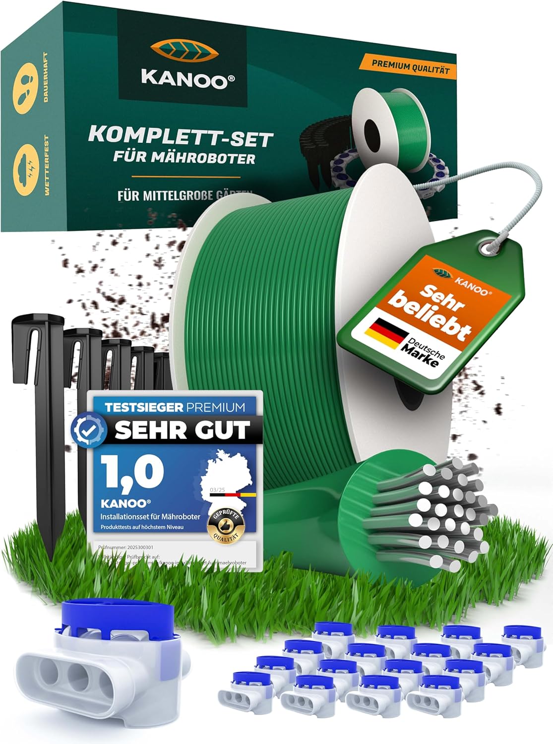 Mähroboter Begrenzungskabel Set, 150m Kabel + 300 Erdnägel + 20 Kabelverbinder