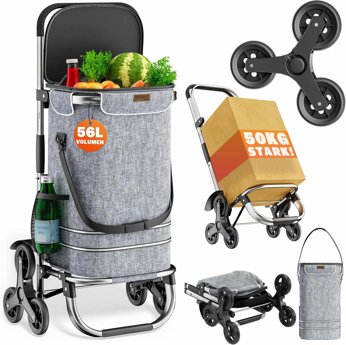 3in1 Einkaufstrolley mit Treppensteiger-Funktion, Grau