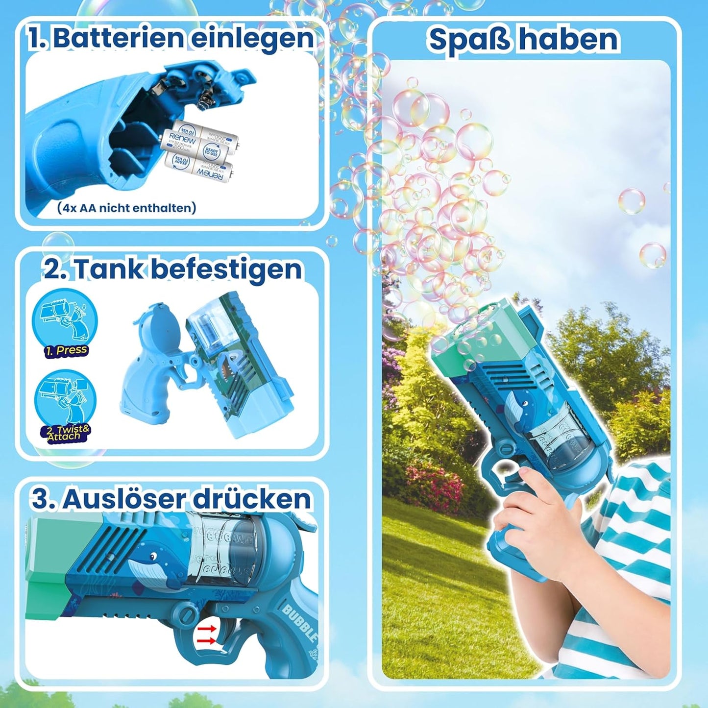 Seifenblasenpistole mit LED und Seifenflüssigkeit, Ozeanblau