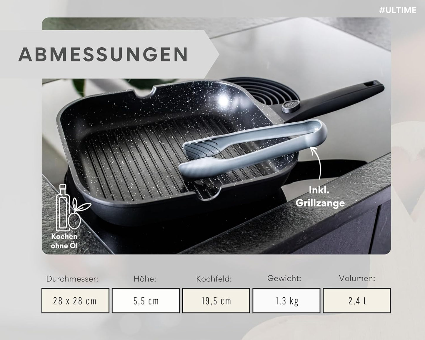 Grillpfanne mit abnehmbarem Griff, Schwarz Grillpfanne 28 cm