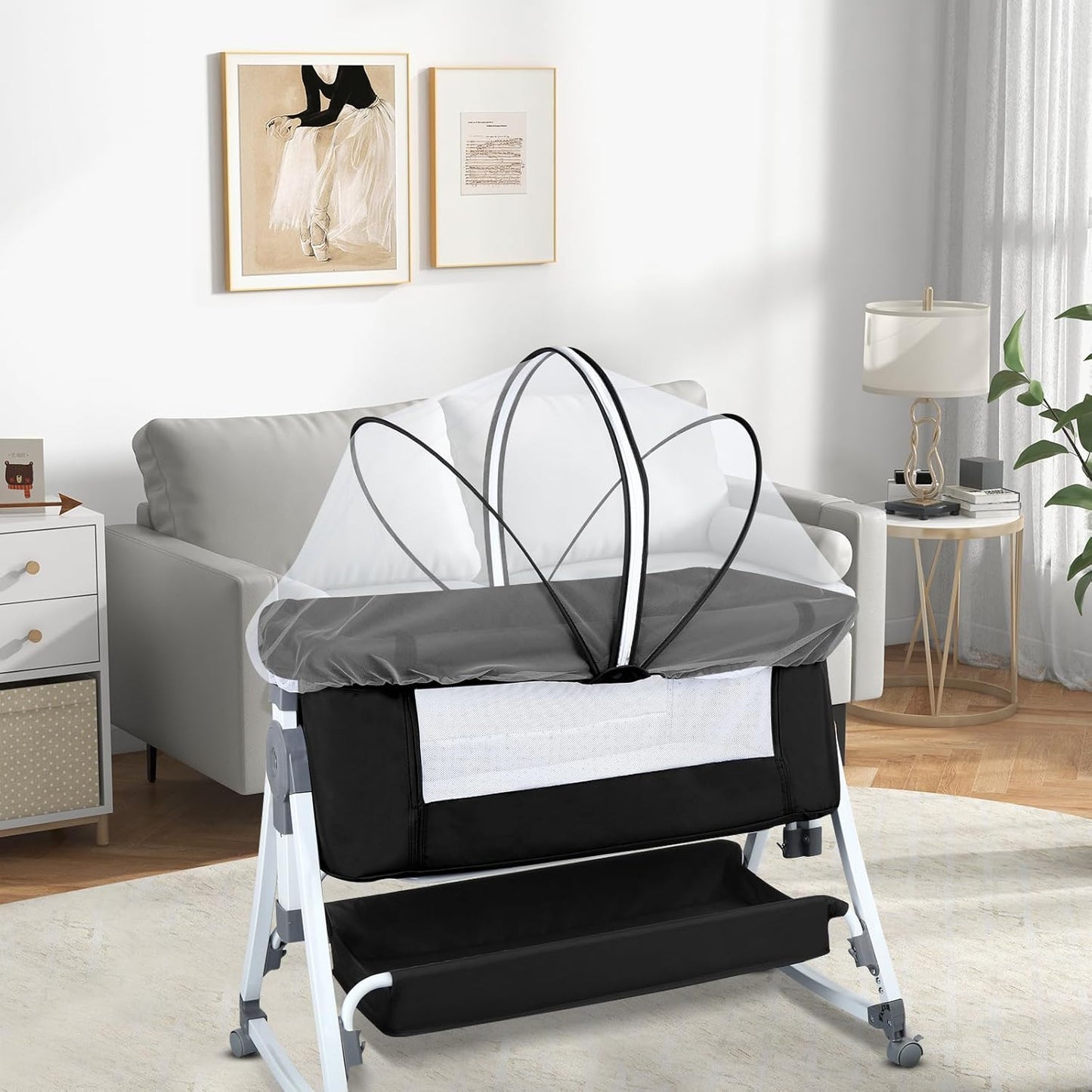Höhenverstellbares Baby-Beistellbett mit Rollen, 80 X 40 X 100–116 Cm (6 Schwarze Steine)