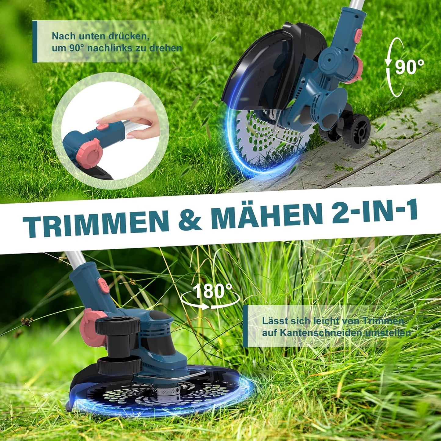2-in-1 Rasentrimmer/Kantenschneider HY-15 mit Akku, Blau