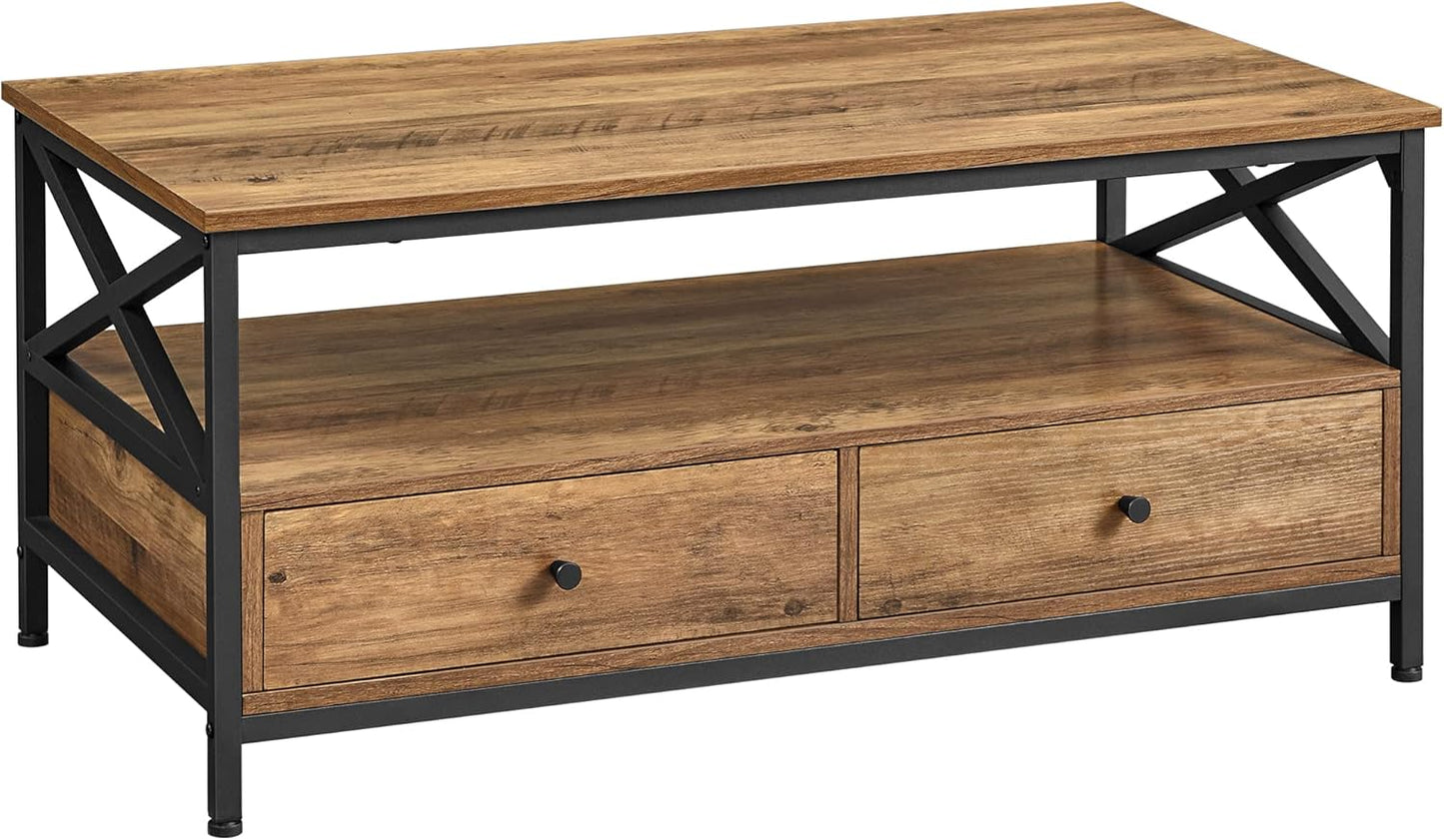 Couchtisch im Industrie-Design mit Schubladen, Braun