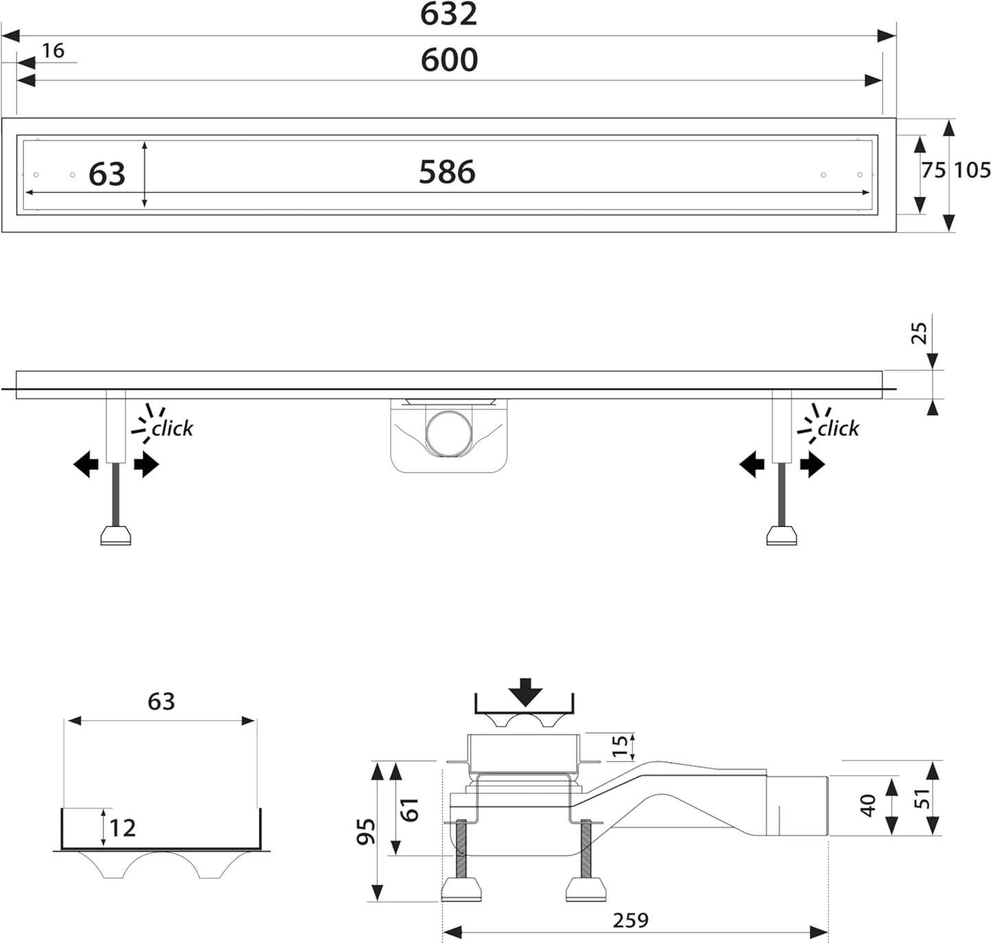 Extraflache Edelstahl-Duschrinne 60 cm, Länge: 60cm, Abgang Mitte