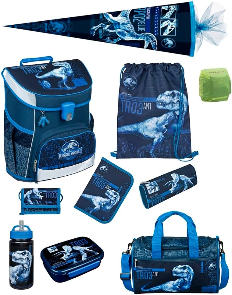 10-teiliges Schulranzen-Set, Jurassic World Dinosaurier Dunkelblau 10-teiliges Set mit Schultüte
