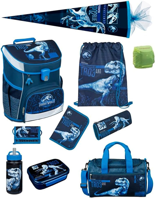 10-teiliges Schulranzen-Set, Jurassic World Dinosaurier Dunkelblau 10-teiliges Set mit Schultüte