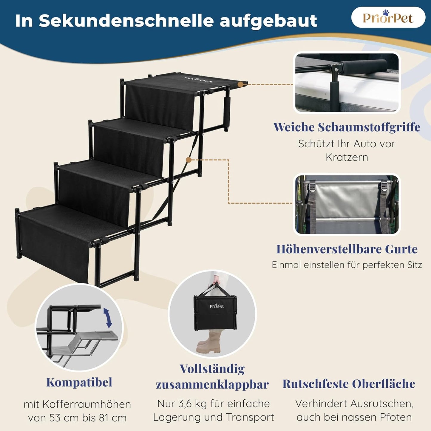 Klappbare Hundetreppe für Autos bis 65 kg, 4