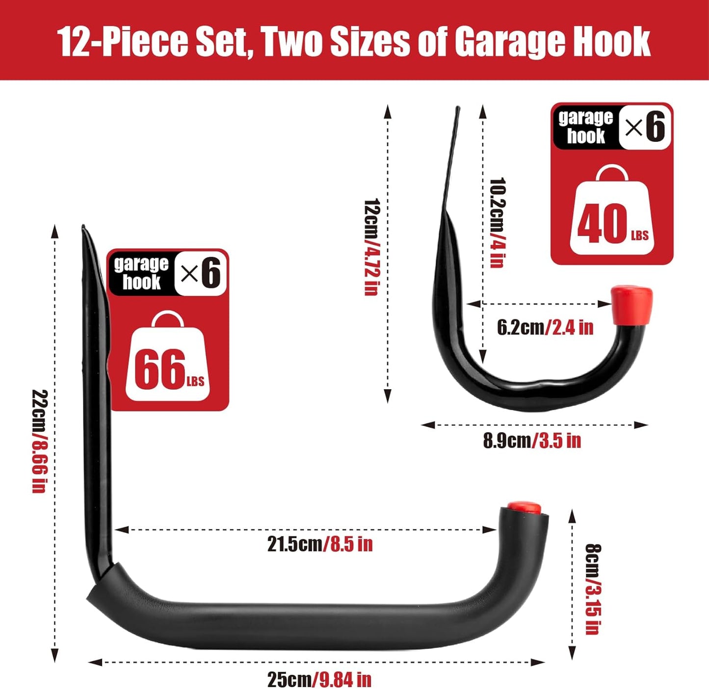 12er-Set Garage-Wandhaken, 6Stück - 9.8 "(25 x 23 cm)+6Stück - 3.5 "(12 x 8.9cm）