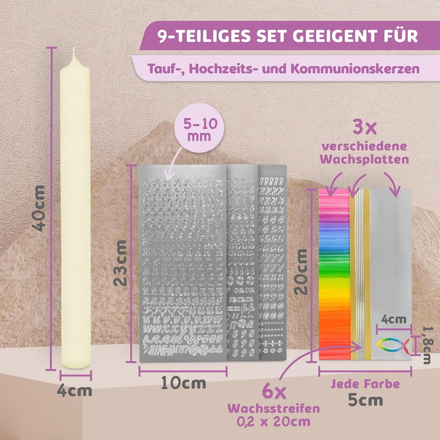 Kerzen-Rohling Set zum selbst gestalten, Regenbogen Gold | Silber mit Fisch Kerze 40x4 cm | Creme