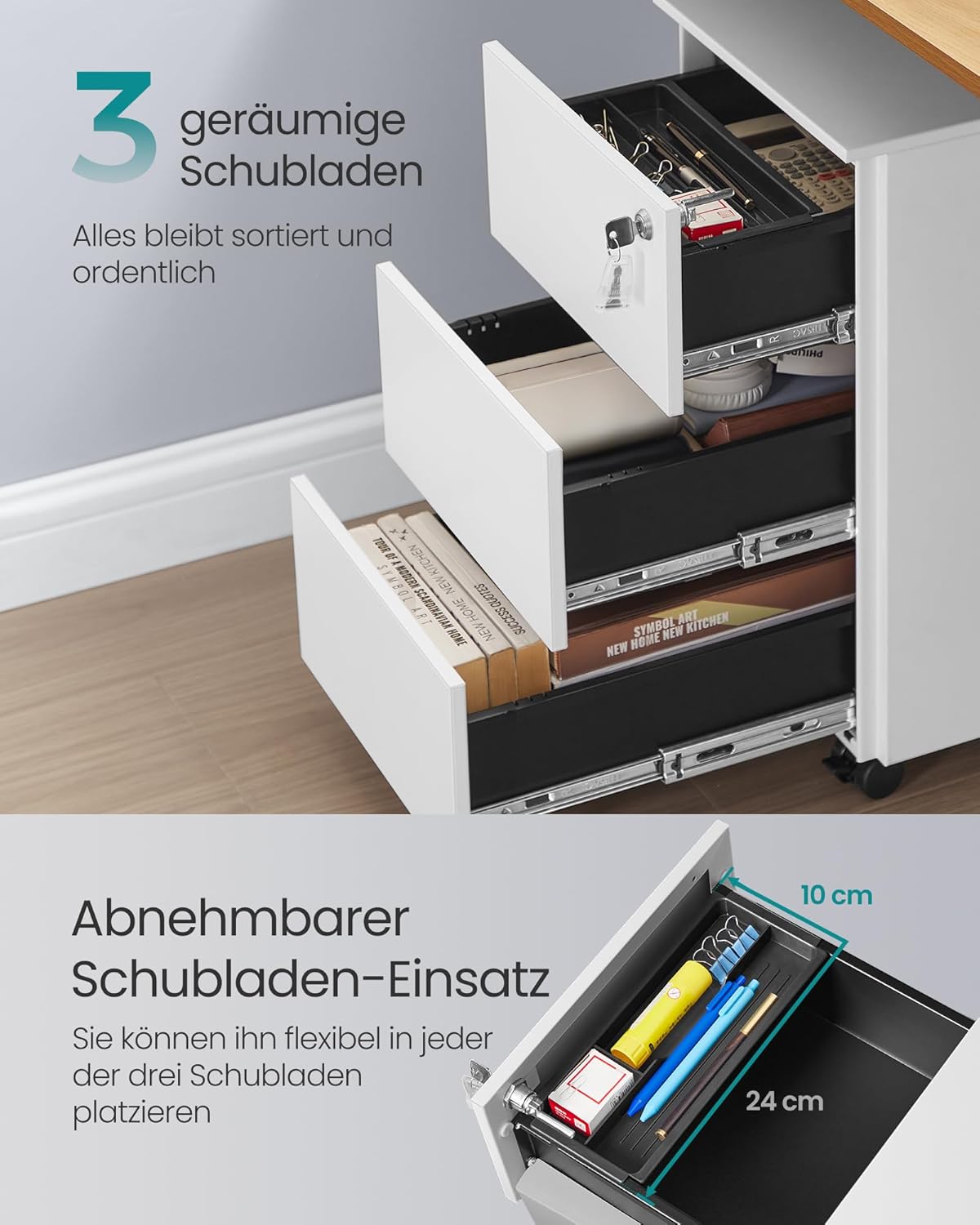 Mobiler Aktenschrank OFC079W01 mit 3 Schubladen, abschliessbar, 3 Ablagen (40T x 30B x 54H cm) Mattweiß