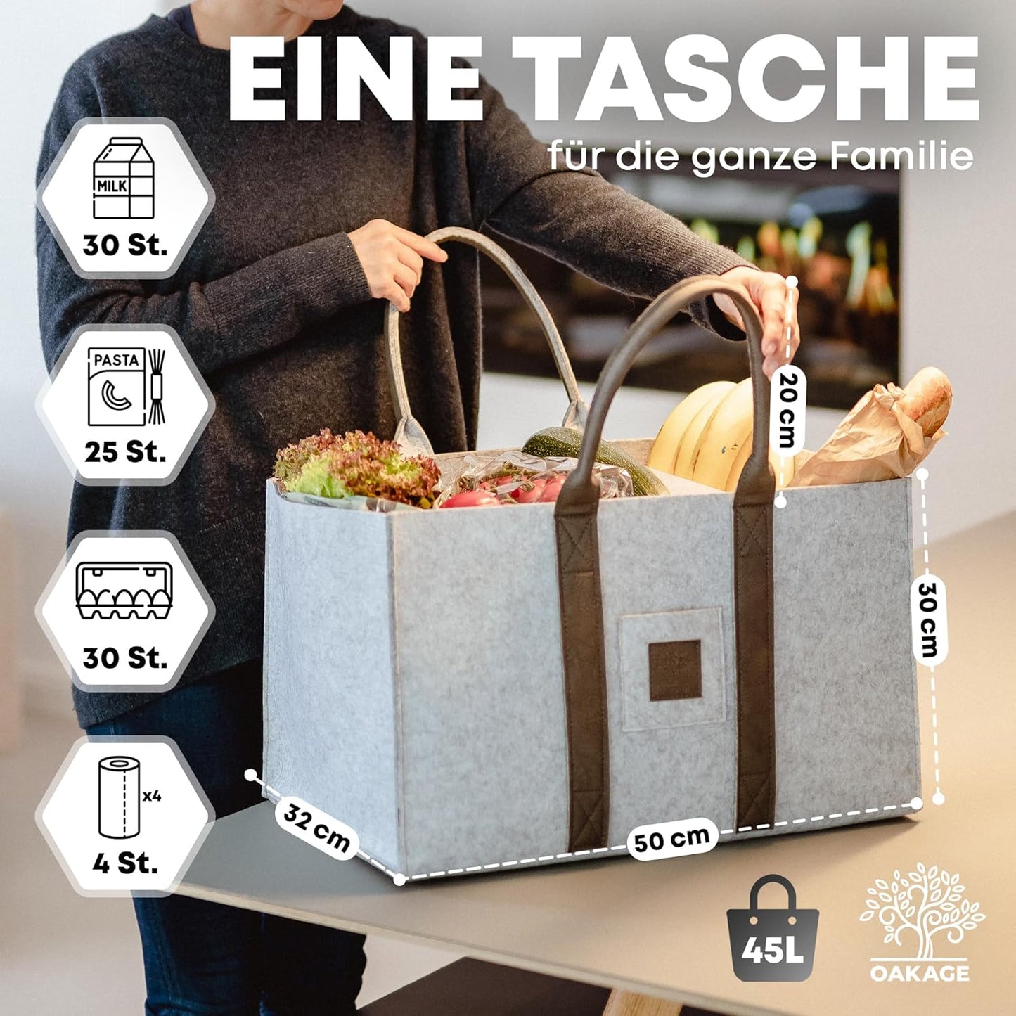 2er-Set Einkaufstaschen & Kaminholzkorb, Doppelpack Hellgrau