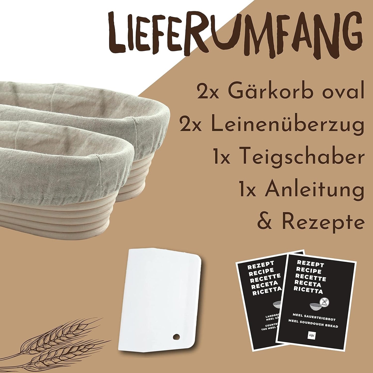 2er-Set Gärkorb mit Teigschaber, Set Oval (28 + 35 cm)