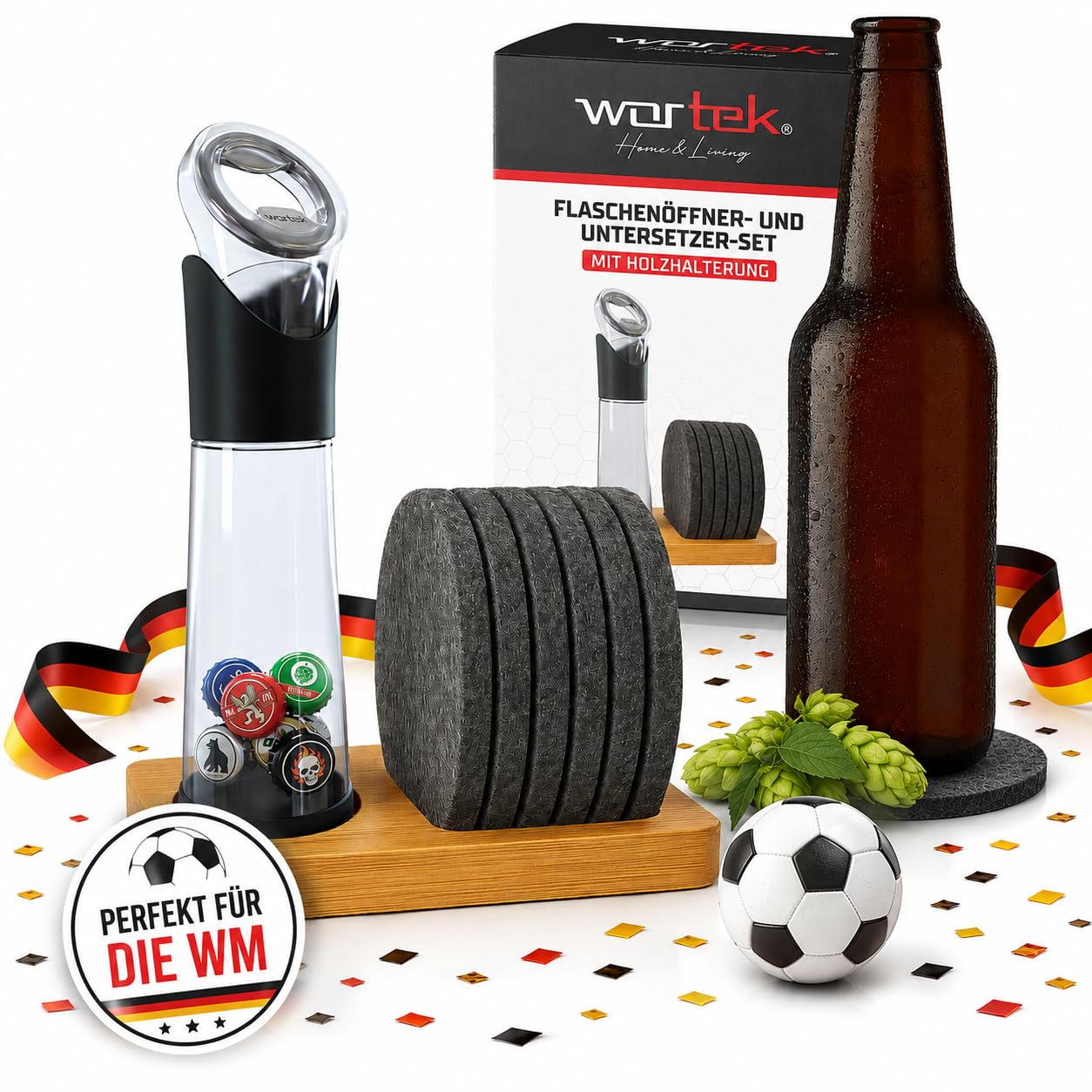 Flaschenöffner mit Auffangbehälter, Untersetzer-Set und Halterung, Mit Halterung