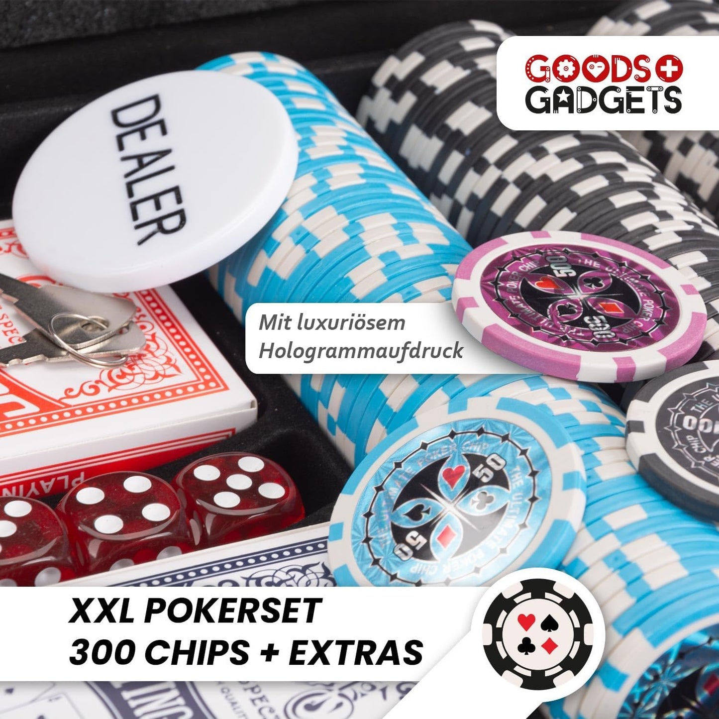 Pokerkoffer-Set mit 300 Chips, Silber 300 Chips