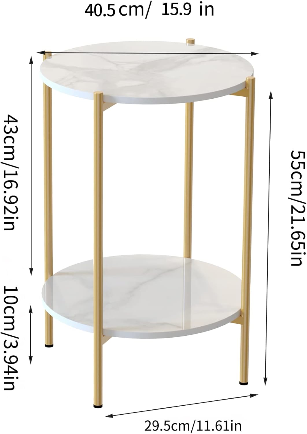 Runder Marmortisch mit 2 Ablagen, 40.5×40.5×55cm|Gold