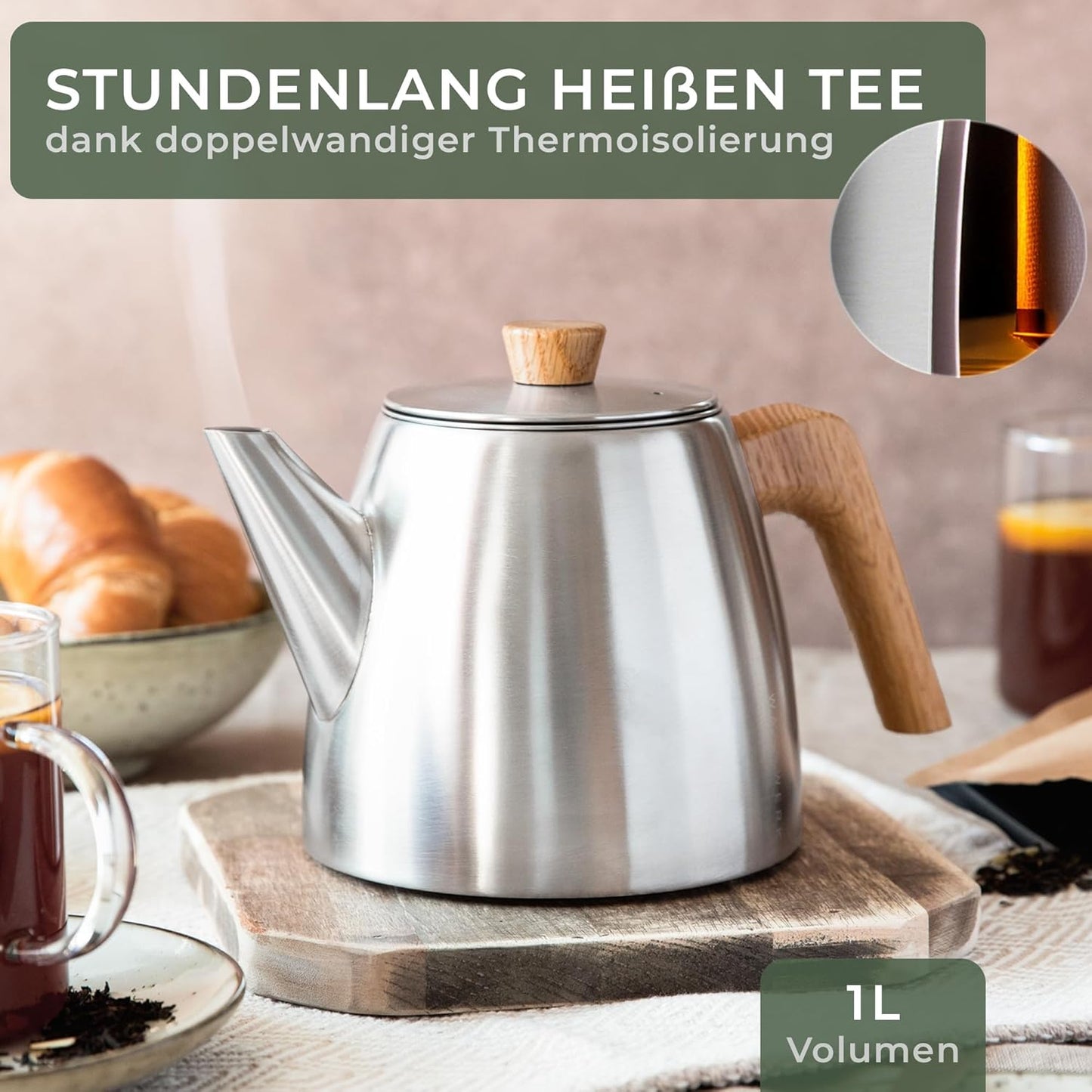 Doppelwandige Teekanne mit Siebeinsatz, Teekanne doppelwandig