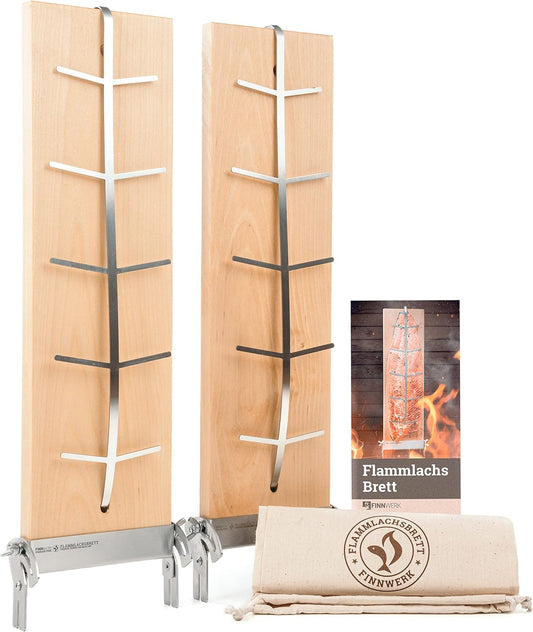 2-teiliges Flammlachsbretter-Set mit Edelstahlhalterung und Baumwolltaschen, 2er Set Flammlachsbrett