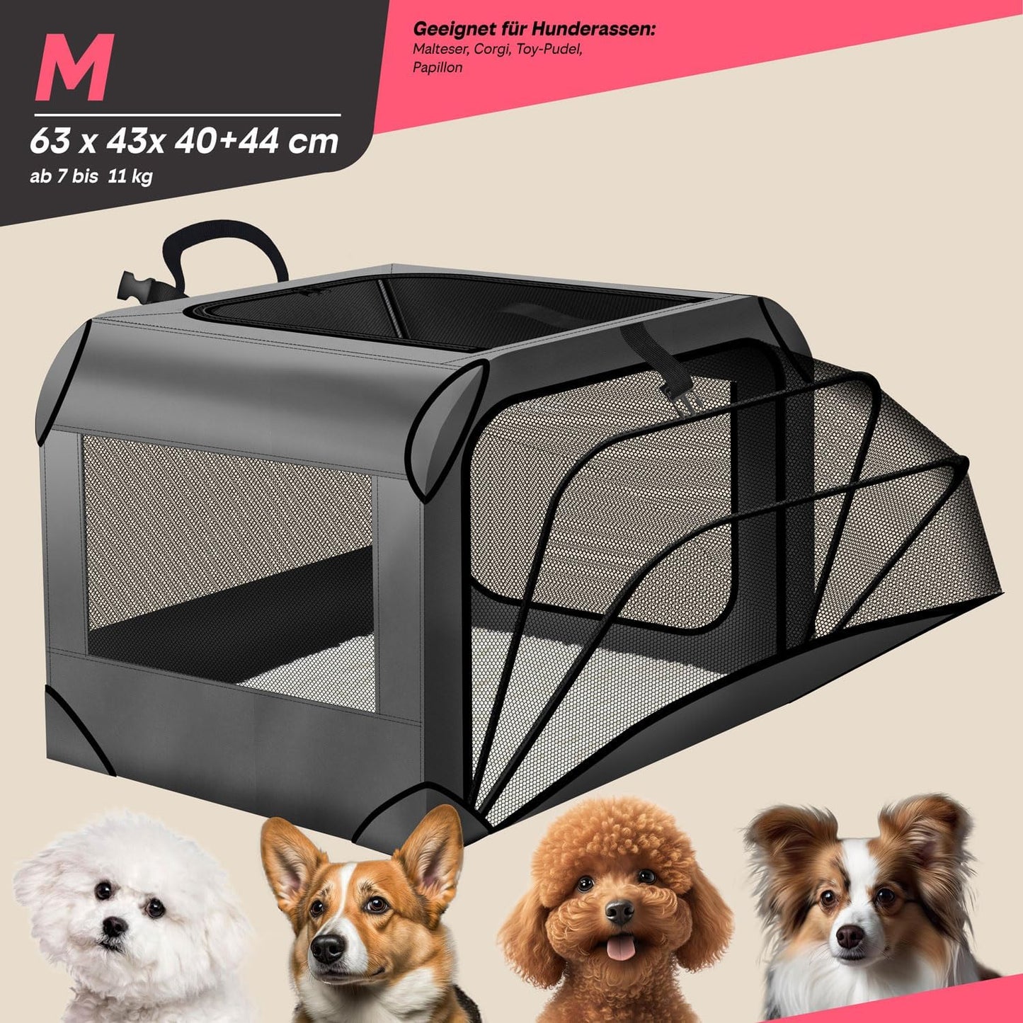 Faltbare Hunde-Transportbox mit Anbau, Mit Anbau - 63 x 43 x 40 cm