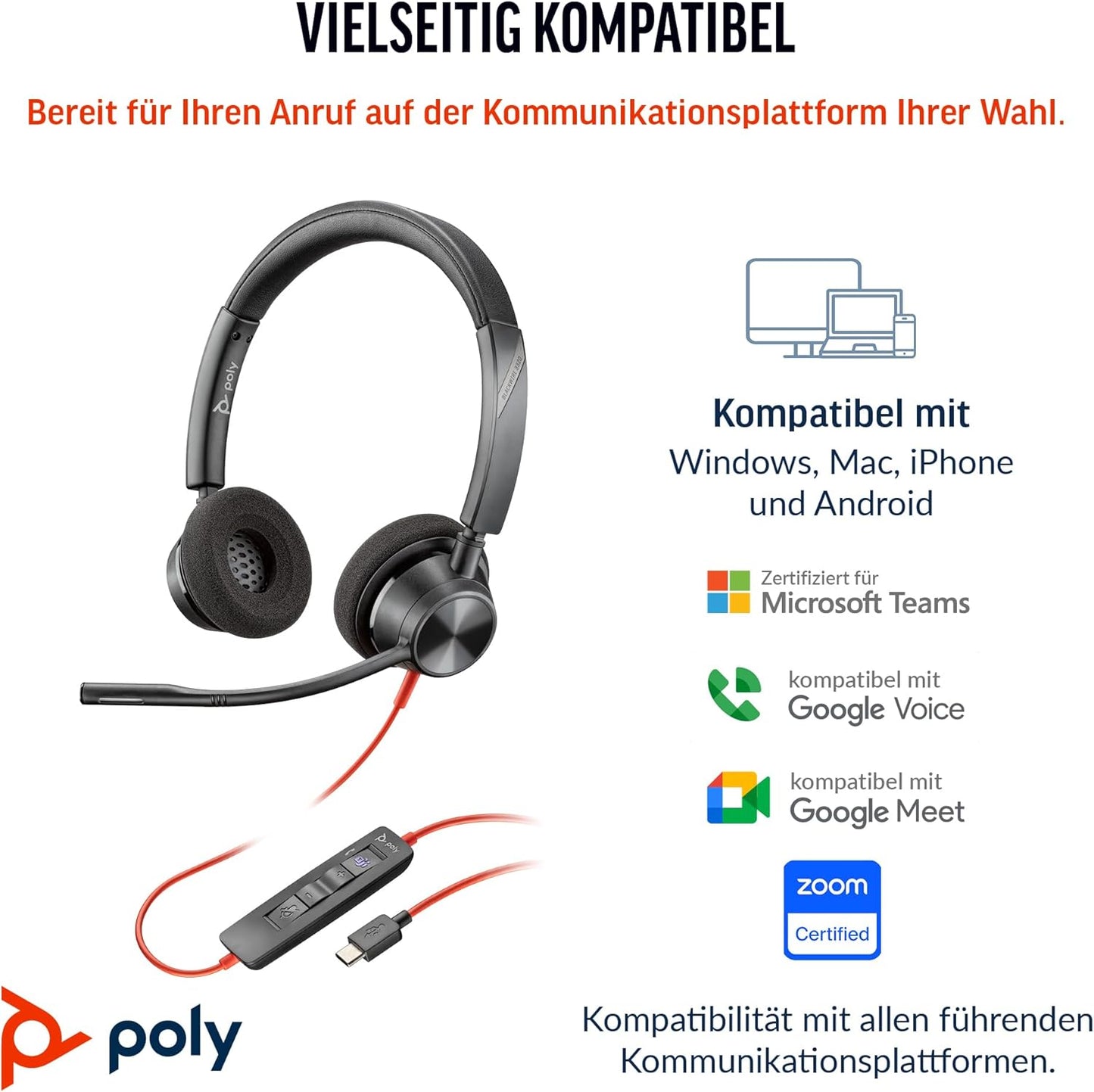 USB-C-Headset Poly Blackwire 3310, Blackwire C3310 Teams zertifiziert