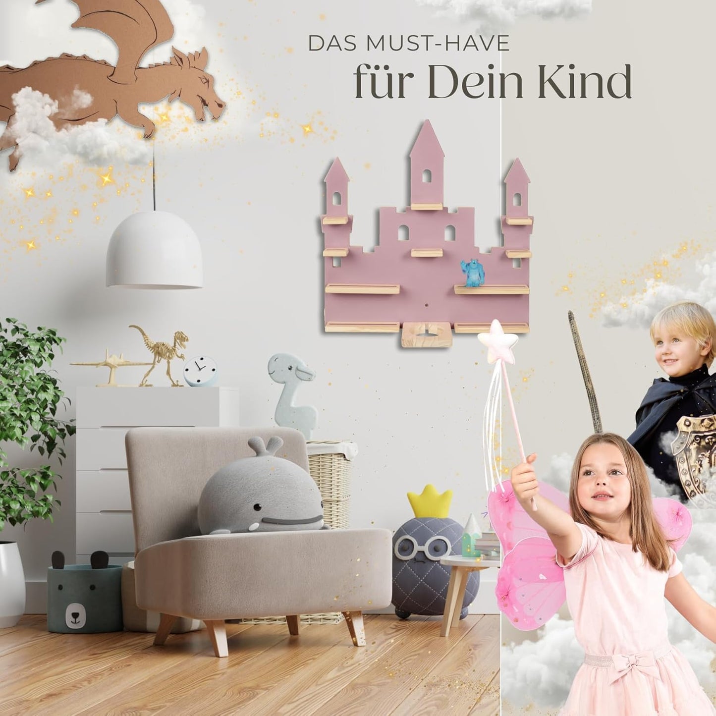Holzregal für Toniefiguren, Märchenschloss Rosa