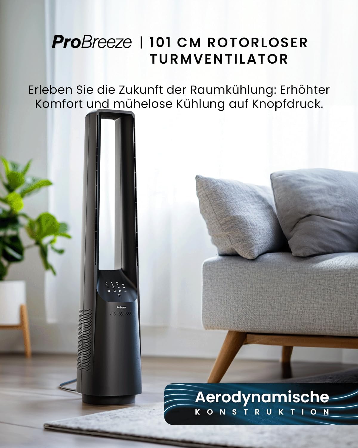 Rotorloser Turmventilator, Smart App Schwarz