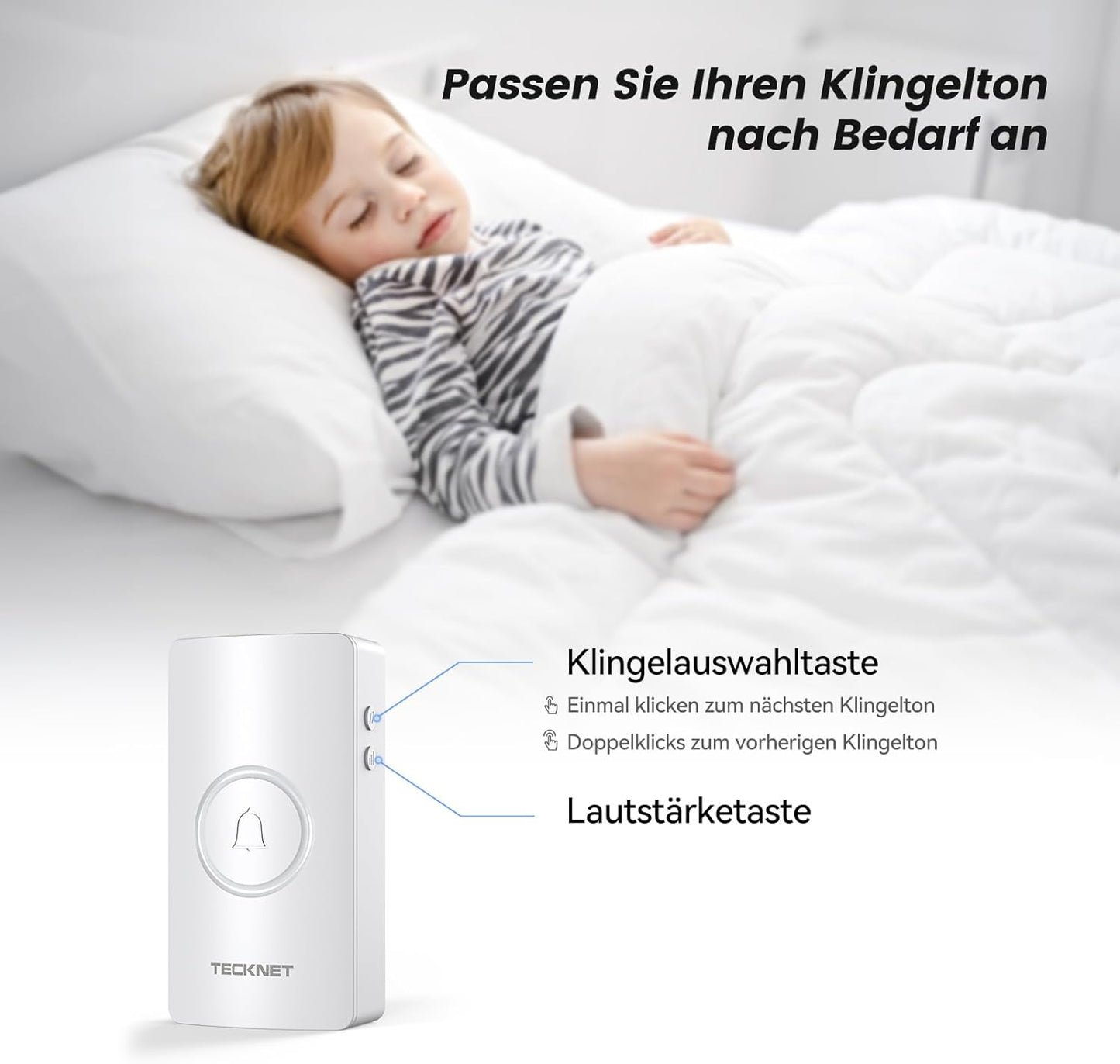Funkklingel-Set mit 2 Empfängern, 5 Lautstärkestufen & 60 Melodien, 2 Empfänger & 1 Sender Weiss
