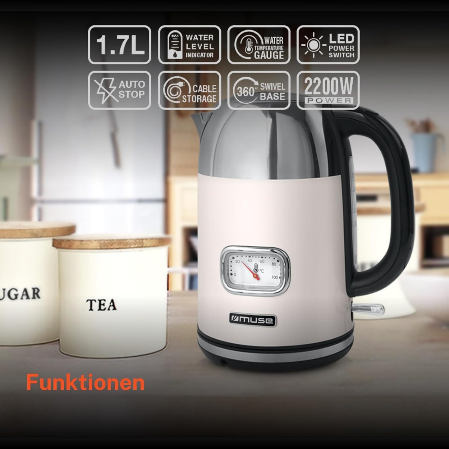 Retro MS-020 SC Wasserkocher mit Analoganzeige, Beige