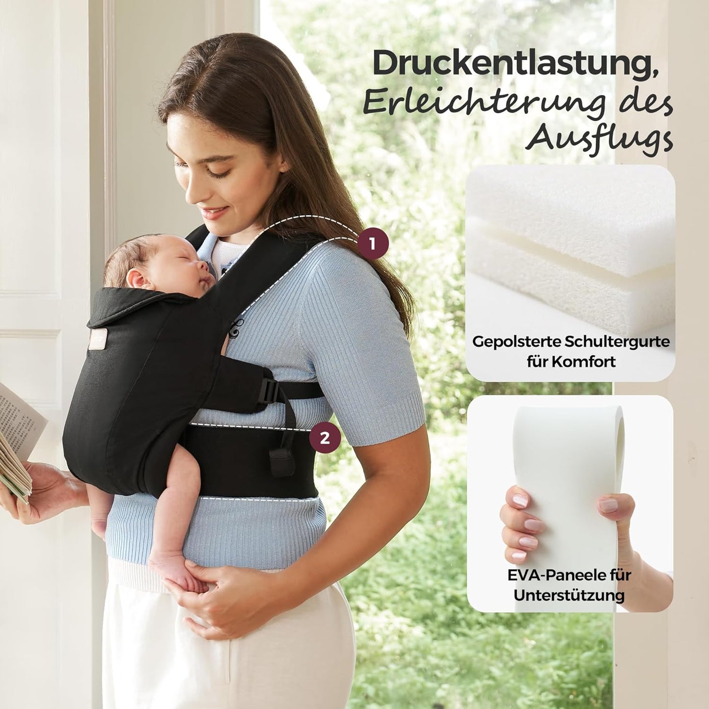Ergonomische Babytrage mit Nackenstütze (3-11 kg), Schwarz