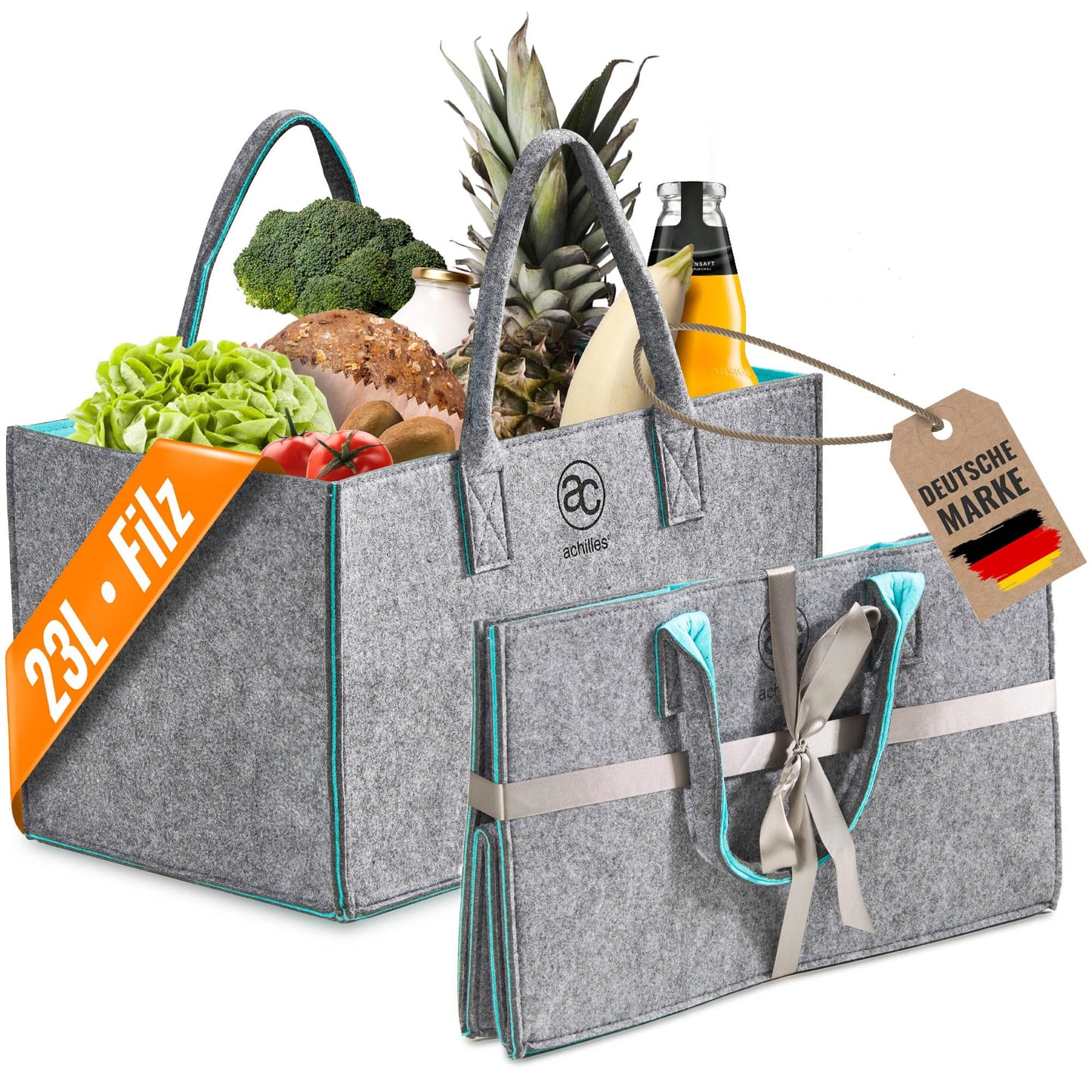Filzkorb mit Faltfunktion, Grau / Türkis, 40x25x23cm