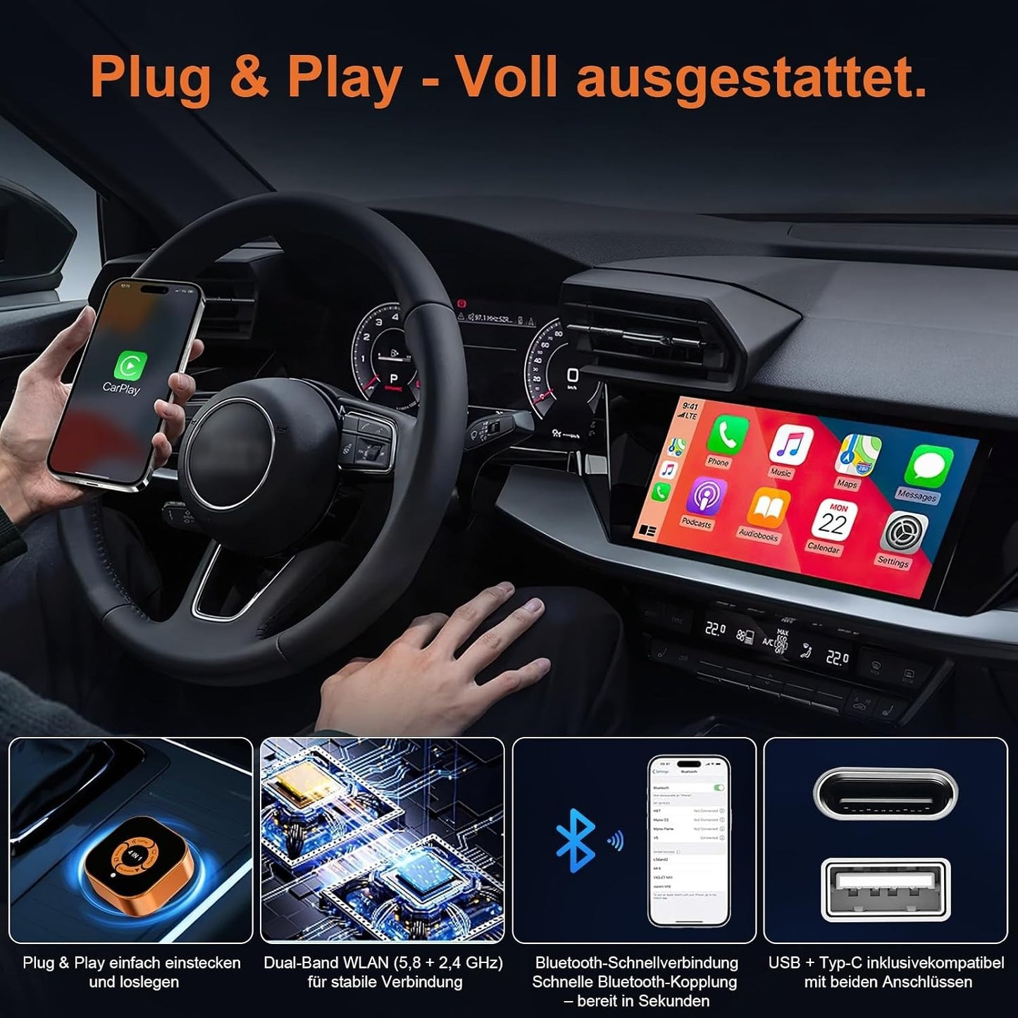 4-in-1 CarPlay & Android Auto Wireless Adapter