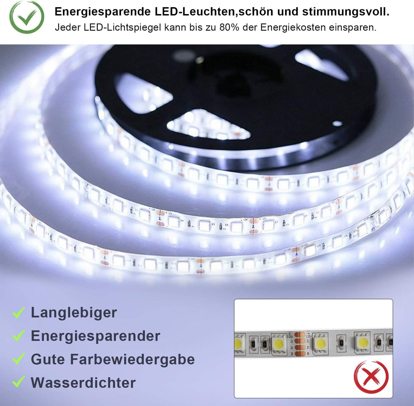 Badspiegel Guzzi mit LED-Beleuchtung und Anti-Fog-Funktion, 70L x 50B cm