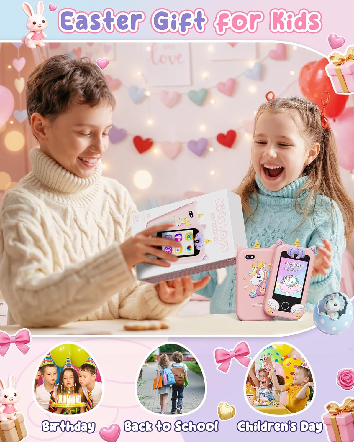 Kinder Handyspielzeug mit Dual-Kamera & MP3-Player, Rosa