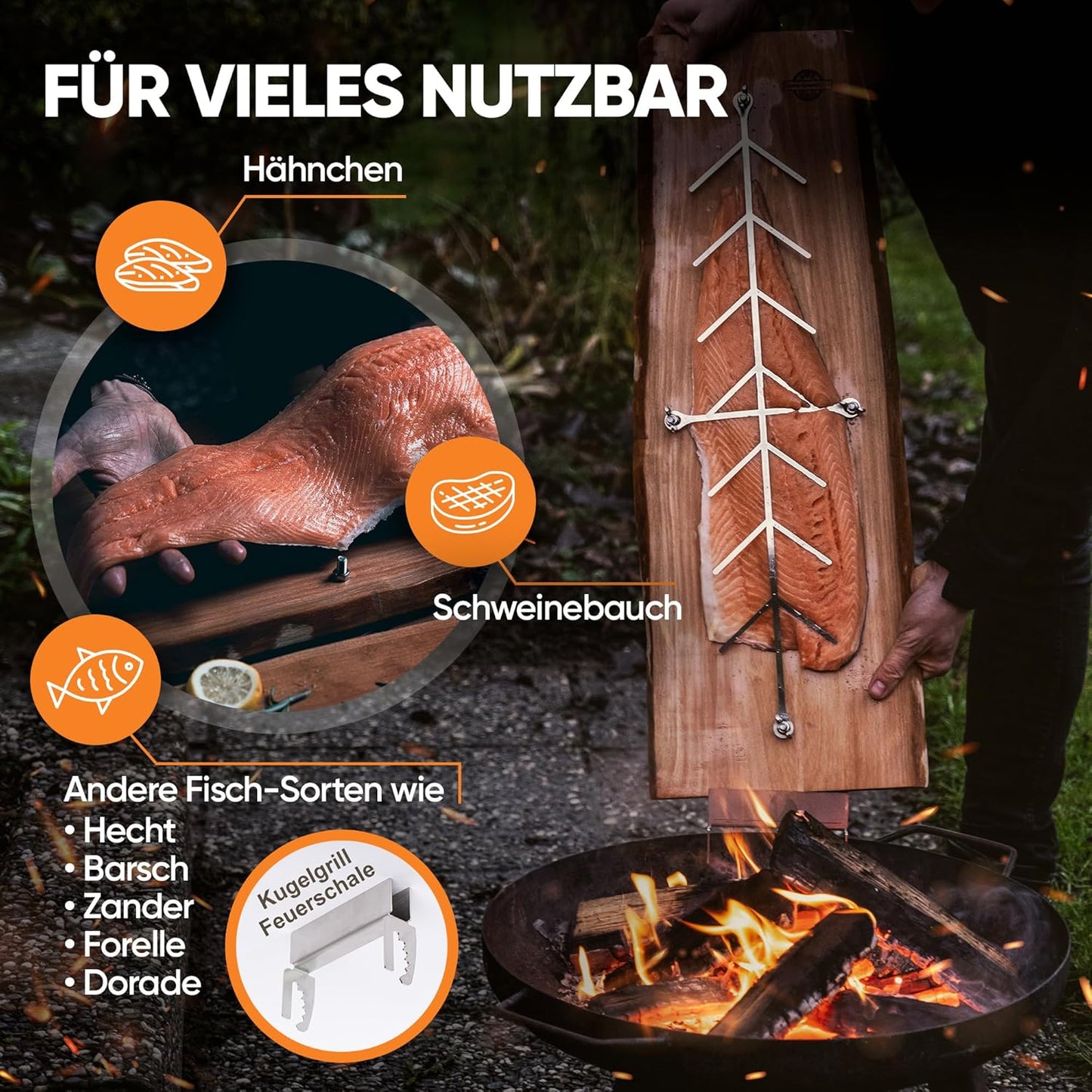 Flammlachsbrett-Set für Grill & Feuerschale (4 Stück), Lärche 4er Set