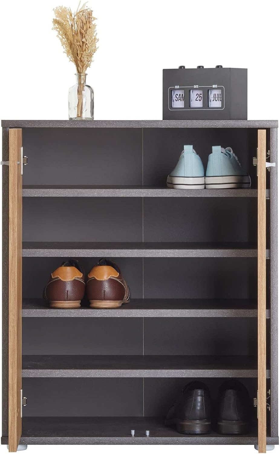 Schuhschrank Lennis mit 4 Böden und 2 Türen, Beton Dunkel/Wotan Eiche
