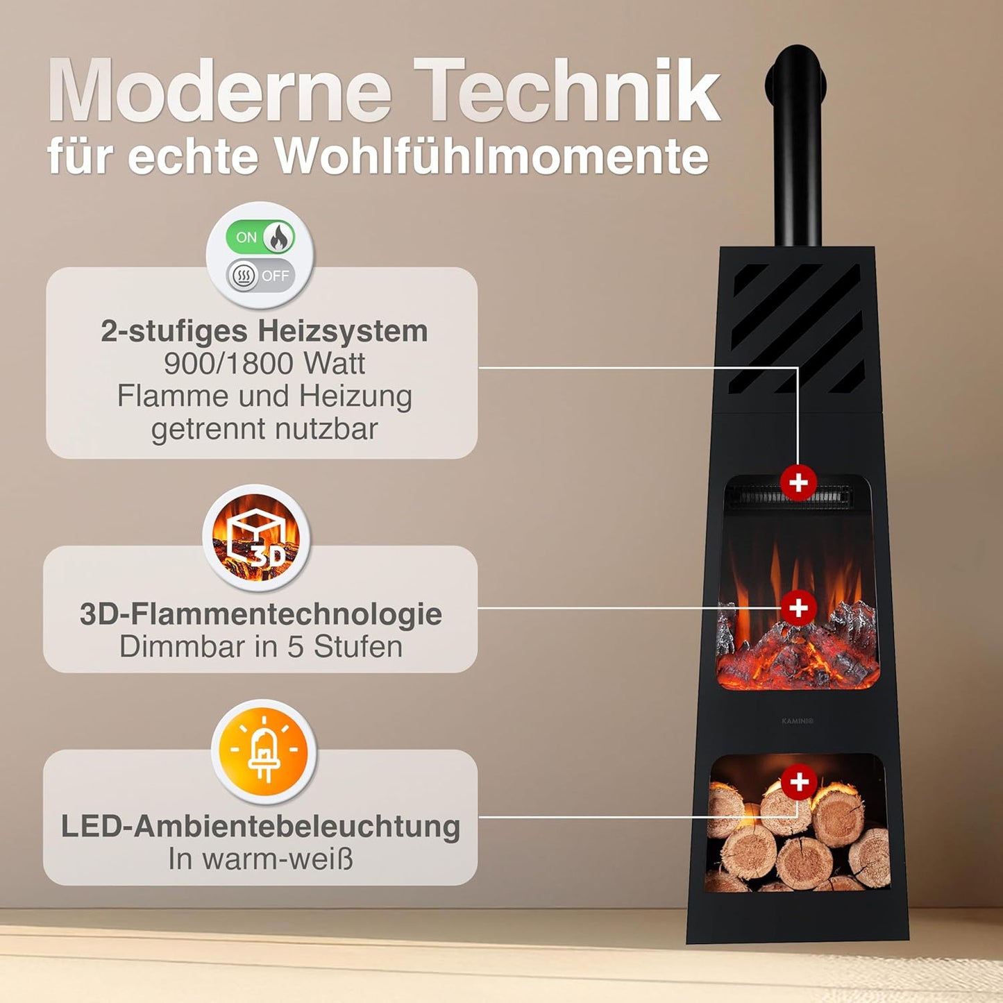 Elektrischer Gartenkamin Kai mit 3D-Flammeneffekt, X-Large mit Rohr