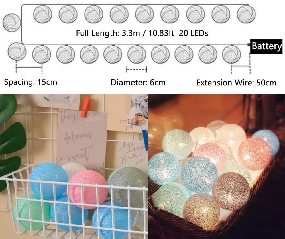 LED-Lichterkette mit Baumwollkugeln, Bunt Batterie