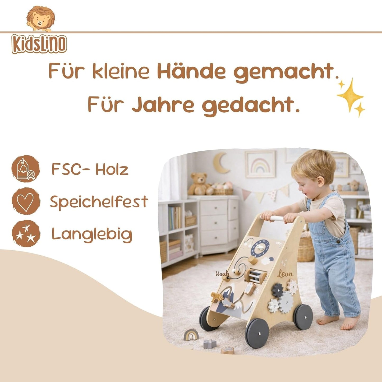 Lauflernwagen aus Holz mit Motorikspiel, Natur/Weiss (neutral).
