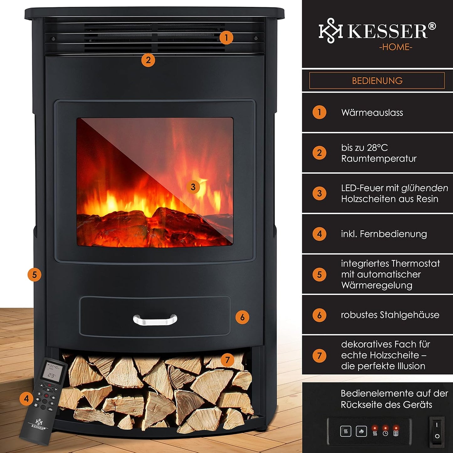 Elektrokamin Prio mit LED-Flammeneffekt und Heizlüfter, Xtra-Large Schwarz