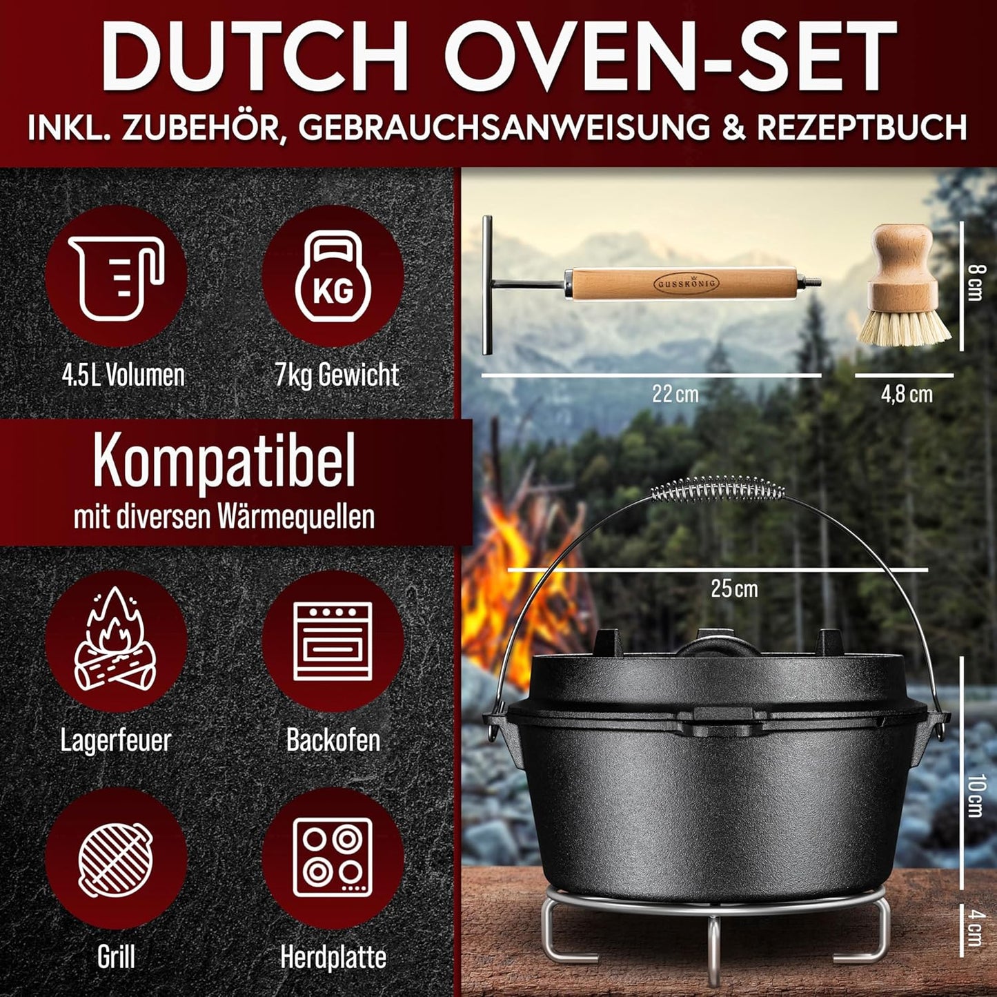 Dutch Oven Set, Topf Ohne Fuss|4,5 Liter
