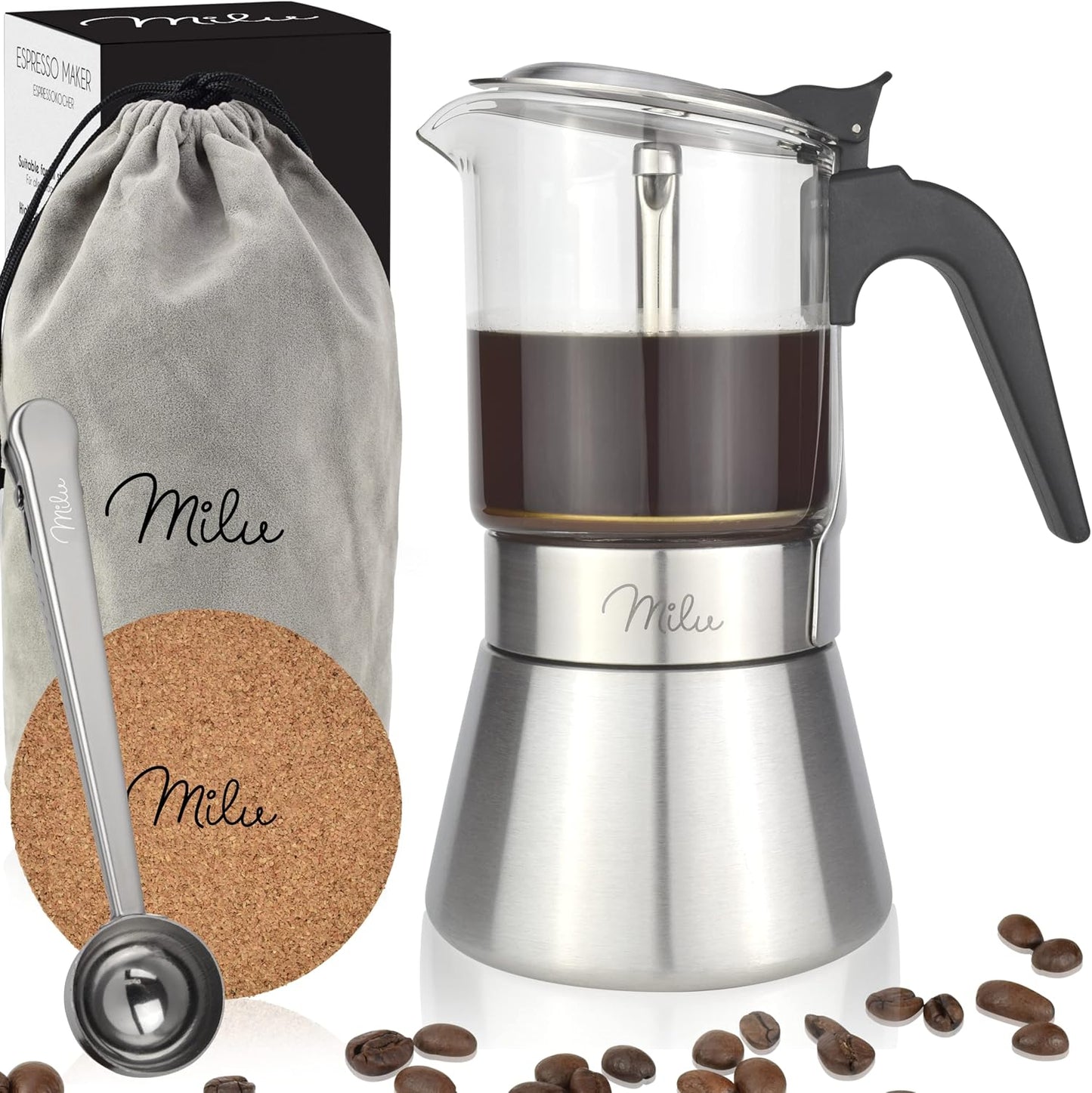 Espressokocher Induktion für 4 Tassen, Glas 4 Tassen (200ml)