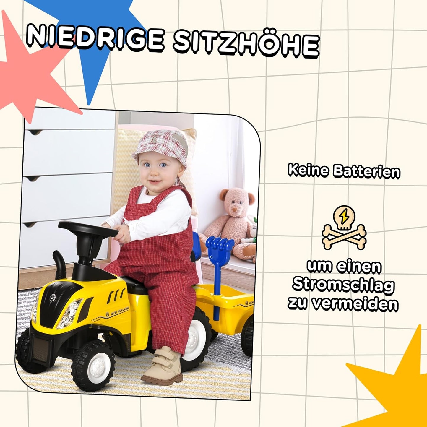 Rutschauto mit Anhänger und Zubehör, Gelb