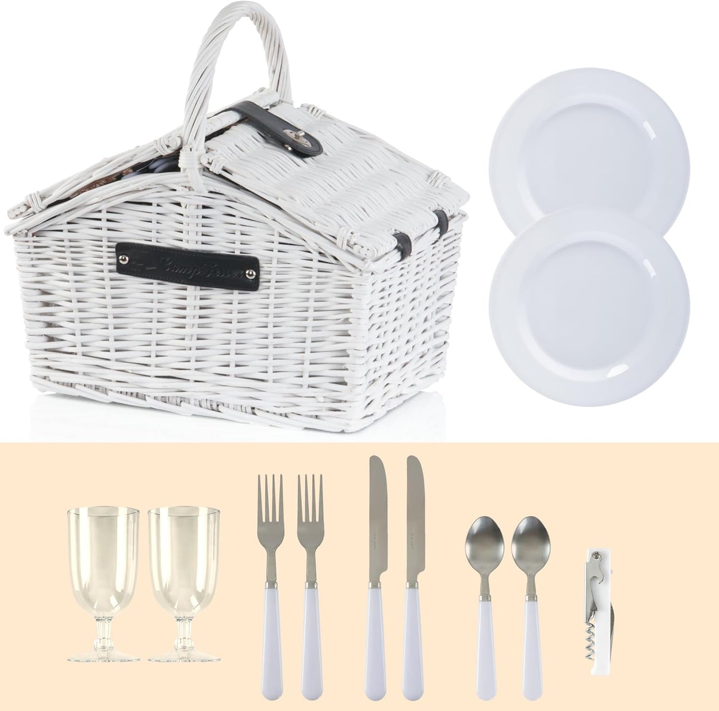 Picknickkorb für 2 Personen mit 12-teiligem Geschirr-Set, Weiss